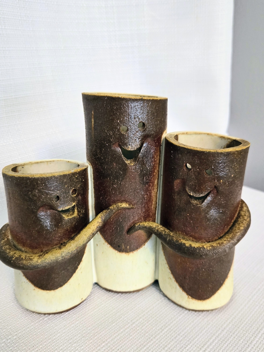 Art Pottery Vase Smiling Faces 3 Cylinder Floral Signed 7" Friendship Humor Brow